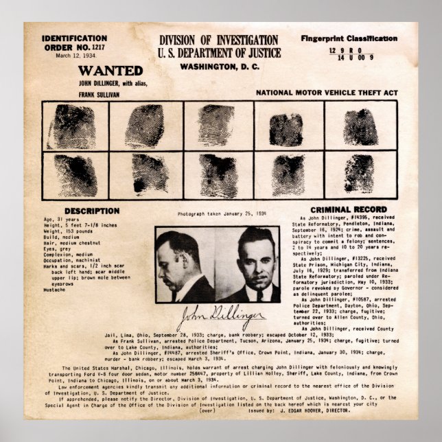 DILLINGER FINGERPRINT CLASSIFICATION CARD 1934 POSTER (Front)