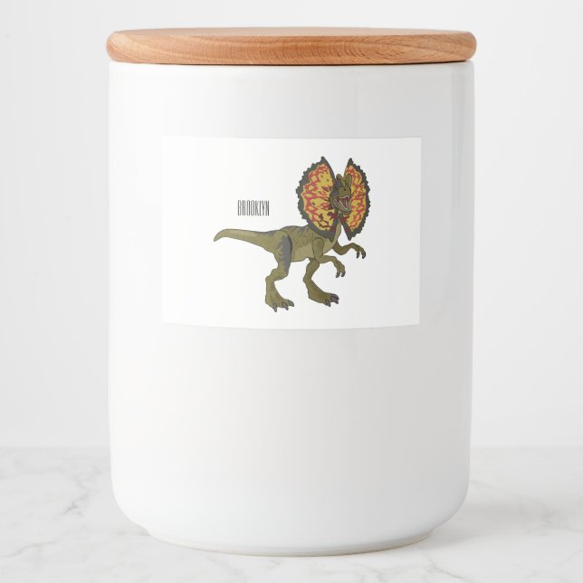 Dilophosaurus cartoon illustration food label (Front)