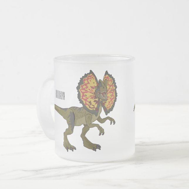 Dilophosaurus cartoon illustration frosted glass coffee mug (Front Left)