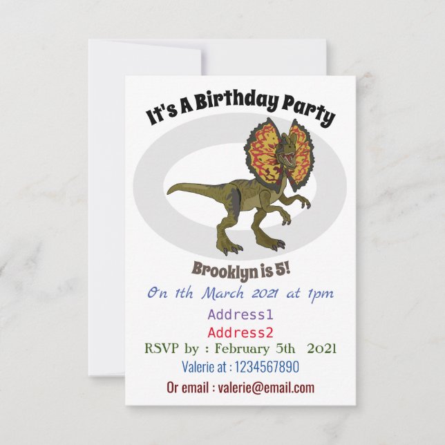 Dilophosaurus cartoon illustration invitation (Front)