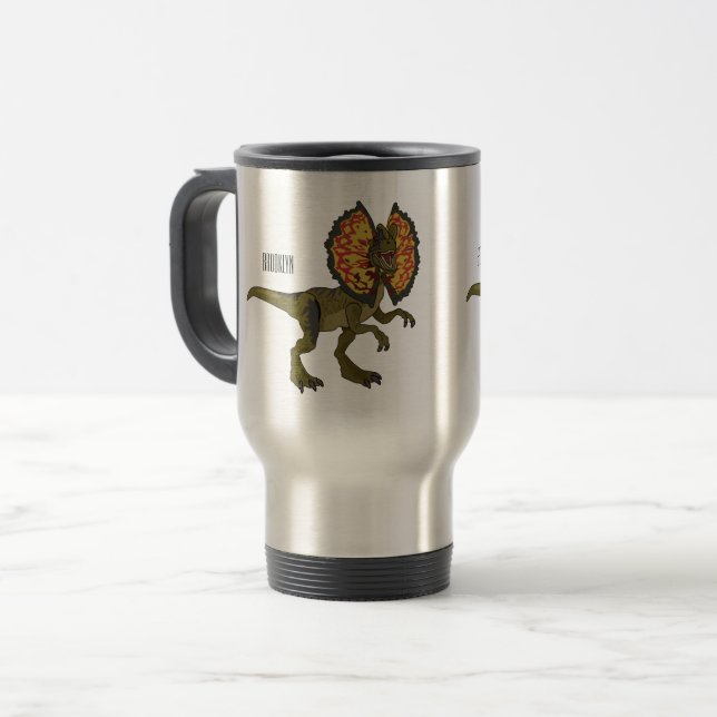 Dilophosaurus cartoon illustration travel mug (Front Left)