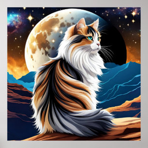 Dilute Calico Cat and Desert Moon Poster