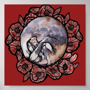 Dilute Calico Kitty Cat Red Poppy Flower Cats      Poster