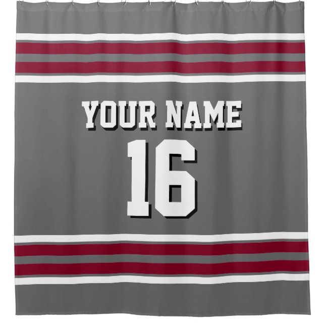 Dim Grey Burgundy White Stripes Sports Jersey Shower Curtain (Front)