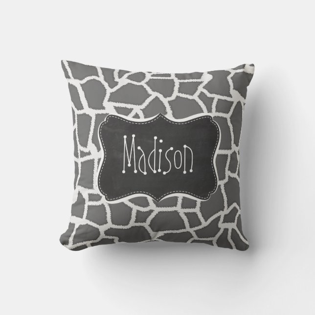 Dim Grey Giraffe Animal Print; Chalkboard Cushion (Front)