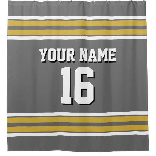 Dim Grey Gold White Stripes Sports Jersey Shower Curtain (Front)