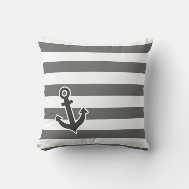 Dim Grey Horizontal Stripes; Nautical Anchor Cushion (Front)