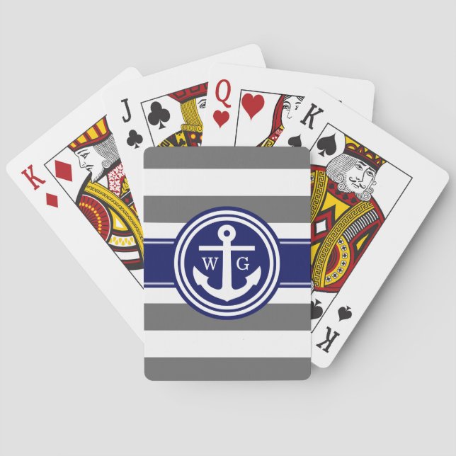 Dim Grey Navy Preppy Stripe Anchor Monogram Playing Cards (Back)