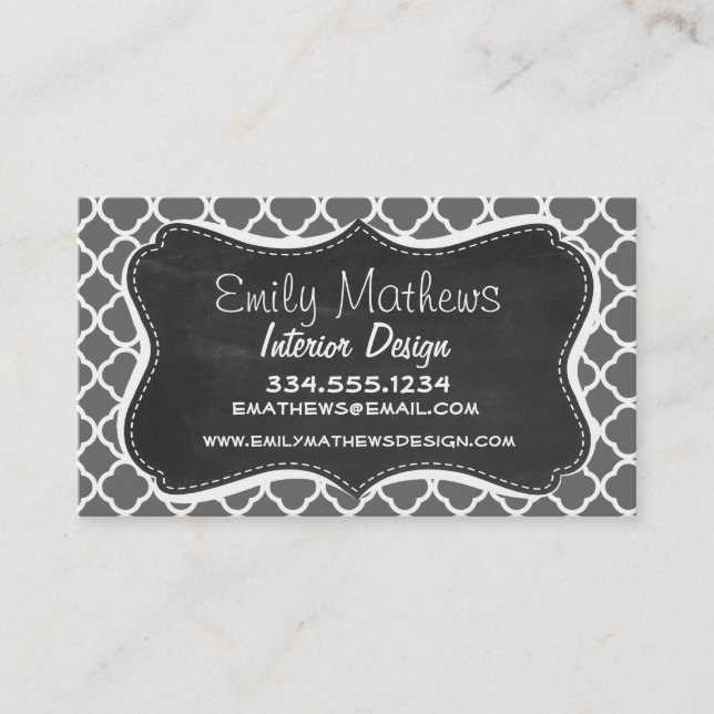 Dim Grey Quatrefoil; Chalkboard look Business Card (Front)