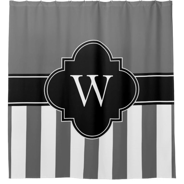 Dim Grey White LG Stripe 1ICBR Black Monogram Shower Curtain (Front)