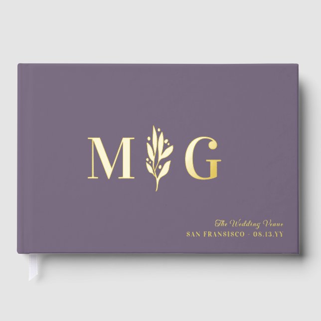 Dim Lavender Berry Twig 2 Initial Monogram Wedding Guest Book (Front)
