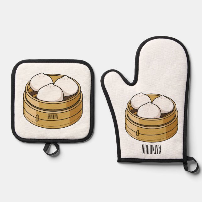 Dim sum cartoon illustration oven mitt & pot holder set (Front)