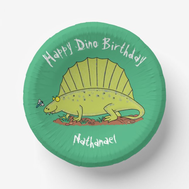 Dimetrodon happy green dinosaur cartoon paper plate (Front)