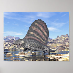 Dimetrodon standing in a pond in the desert poster