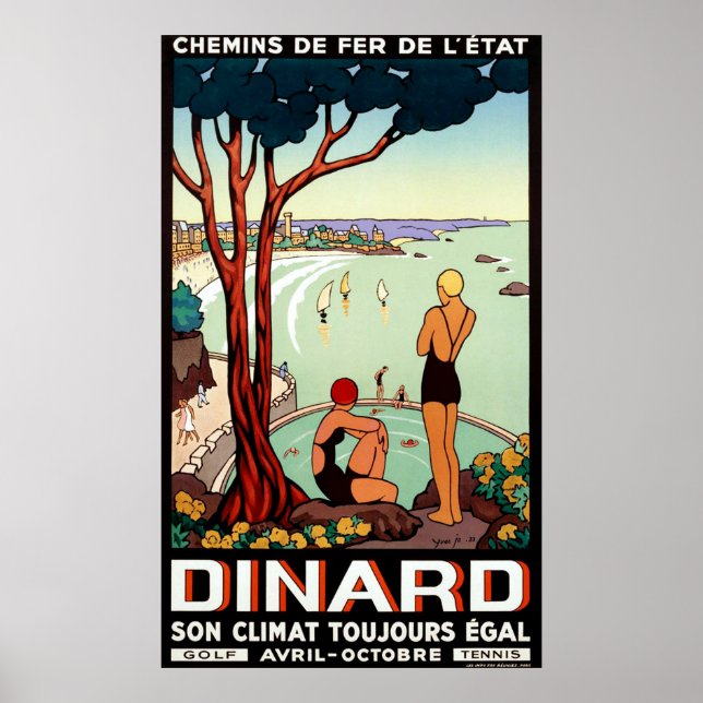 Dinard coastline, swimming girls, vintage travel poster (Front)