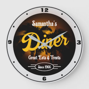 Diner Any Name Date Palm Trees Grey Border Large Clock