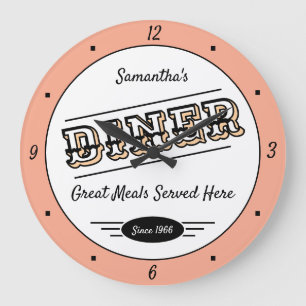 Diner Any Name Date Retro Peach Black White Large Clock