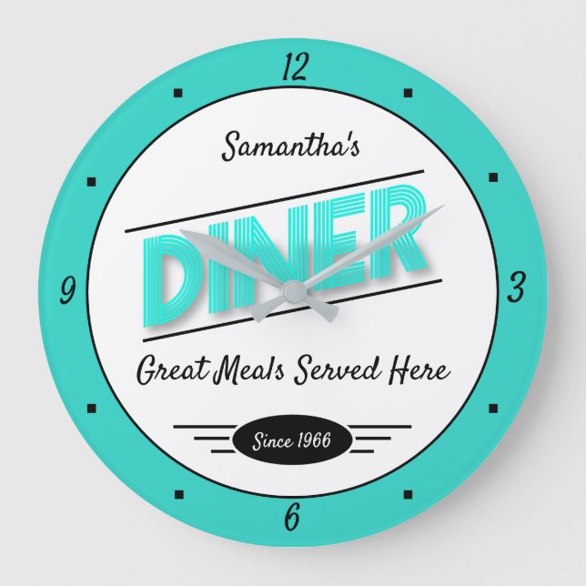 Diner Any Name Date Retro Turquoise Black White Large Clock (Front)