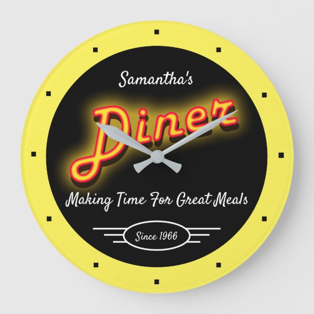 Diner Any Name Since Date Faux Neon Yellow Black   Large Clock (Front)
