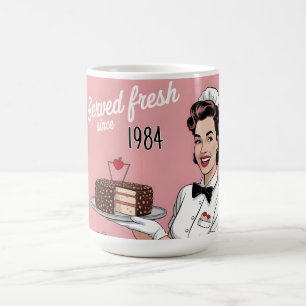 Diner Pin-Up: Retro Waitress and Custom Year Coffee Mug
