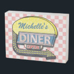 Diner Retro 50s Mid-Century Nostalgia Custom Name Wooden Box Sign<br><div class="desc">Create your own personalised, 1950's style diner wooden box sign faux with this simple template. This cool retro kitchen art has a slightly distressed pink-and-white chequered background with a sign on top that says "DINER" and "OPEN" in faux neon with space for you to add your own first or last...</div>