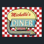 Diner Retro 50s Red Checkered | Custom Name Poster<br><div class="desc">This cool, retro 50s diner sign wall poster can be easily personalized with your own name. The background is a slightly-distressed red-and-white checker pattern, and the 1950s-style sign on top says DINER and OPEN in faux neon. The design has an arrow graphic and room for your first or last name...</div>