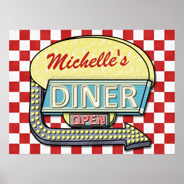 Diner Retro 50s Red Checkered | Custom Name Poster (Front)