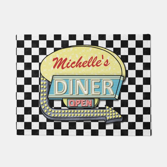 Diner Sign Retro 50s Black Chequered | Custom Name Doormat (Front)