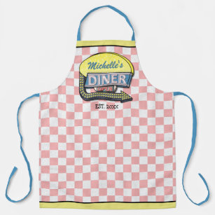 Diner Sign Retro 50s Mid-Century Modern Pink Check Apron