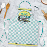 Diner Sign Retro 50s Mid-Century Modern Teal Check Apron<br><div class="desc">Create your own personalised, 1950's style diner sign apron using this simple template. This cool retro kitchen art has a slightly distressed mint / light teal -and-white chequered background with a sign on top that says "DINER" and "OPEN" in neon with space for you to add your own first or...</div>