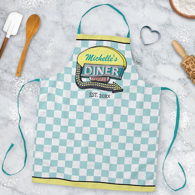 Diner Sign Retro 50s Mid-Century Modern Teal Check Apron (Creator Uploaded)