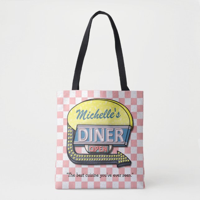 Diner Sign Retro 50s Pink Chequered | Custom Name Tote Bag (Front)