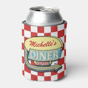 Diner Sign Retro 50s Red Chequered Custom Name Can Cooler