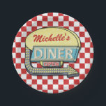 Diner Sign Retro 50s Red Chequered | Custom Name Paper Plate<br><div class="desc">These cool, retro 50s diner sign paper plates can be easily personalised with your own name. The background is a slightly-distressed red-and-white chequered pattern, and the 1950s-style sign on top says DINER and OPEN in faux neon with space for your first or last name at the top. The sign also...</div>