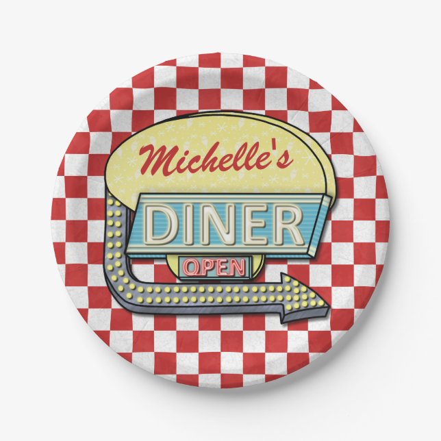 Diner Sign Retro 50s Red Chequered | Custom Name Paper Plate (Front)