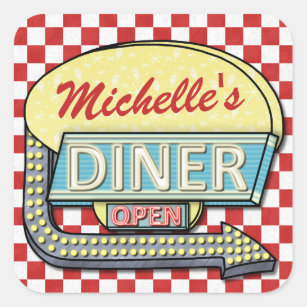 Diner Sign Retro 50s Red Chequered   Custom Name Square Sticker
