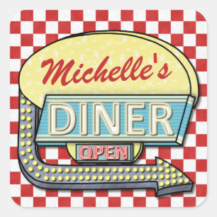 Diner Sign Retro 50s Red Chequered   Custom Name Square Sticker