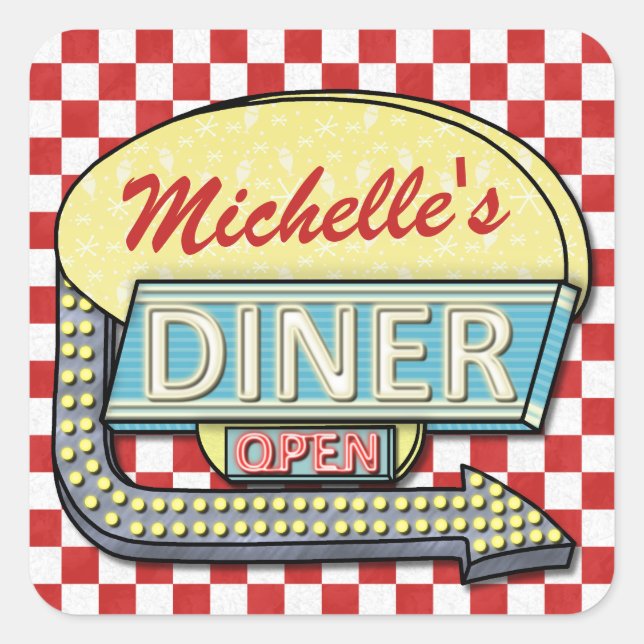 Diner Sign Retro 50s Red Chequered | Custom Name Square Sticker (Front)