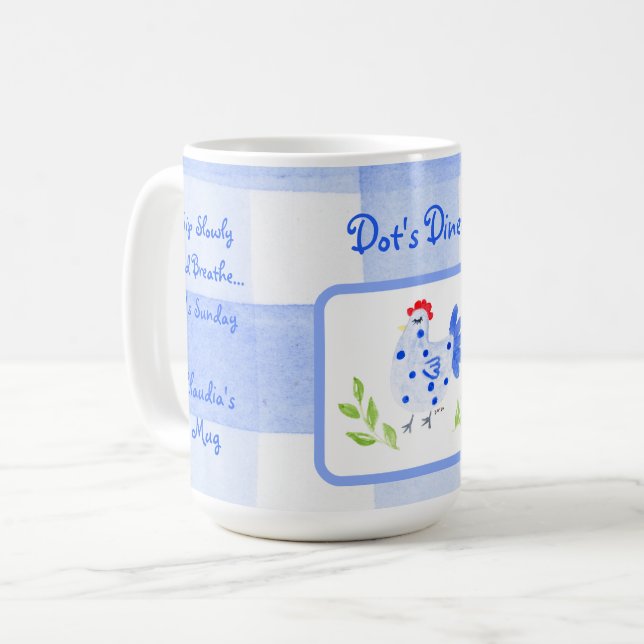 Diner Watercolor Blue Hen Check SUNDAY Personalize Coffee Mug (Front Left)