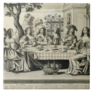 Diners on a terrace with a formal garden below, en tile