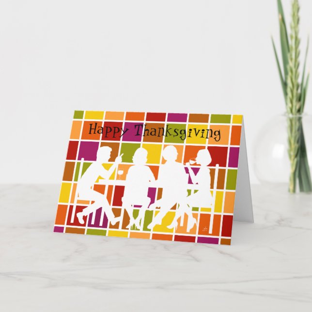 Dining Together, Colourful Grid, White Silhuoette Holiday Card (Front)