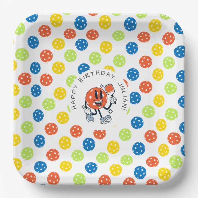 Dink Pickleball Party Sports Cartoon Mascot Paddle Paper Plate (Front)