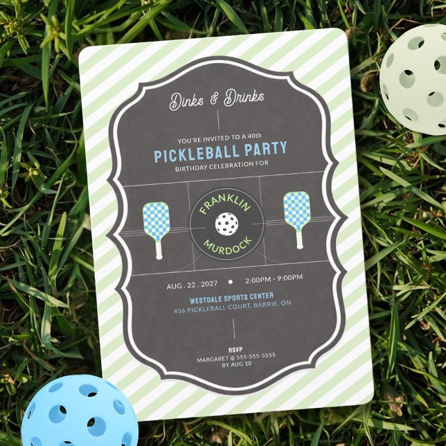 Dinks and Drinks Green & Blue Pickleball Birthday  Invitation (Striped Green Pickleball Birthday Invitation)