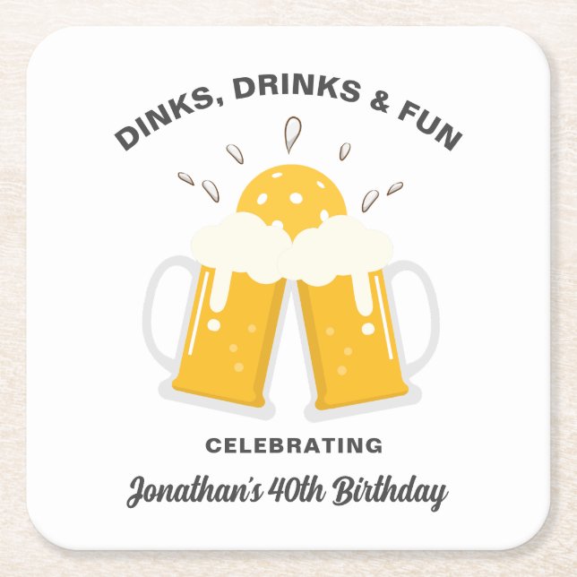 Dinks & Drinks Beer Mugs Cheer Custom Pickleball Square Paper Coaster (Front)