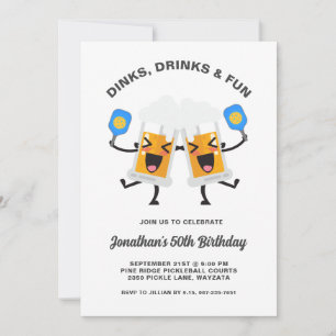Dinks & Drinks Beer Mugs Pickleball Birthday Party Invitation