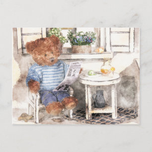 Dinky Bears Watercolor - Reading Bear Postcard
