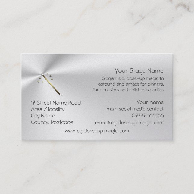 Dinner and Party Magician, Golden Wand logo Business Card (Front)