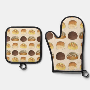 Dinner Bread Rolls Buns Bakery Baker Chef Foodie Oven Mitt & Pot Holder Set