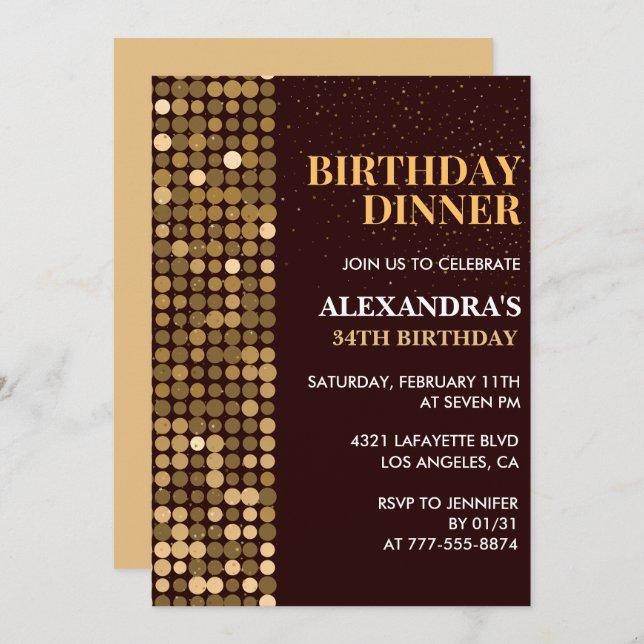 Dinner Glitter Glam Black Gold 34th birthday Invitation (Front/Back)