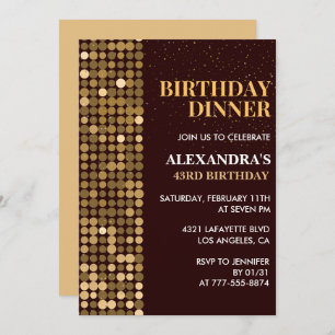 Dinner Glitter Glam Black Gold 43rd birthday Invitation